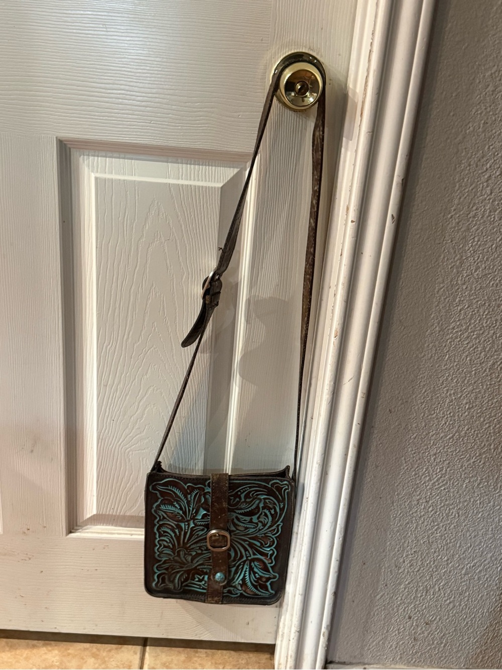 Patricia Nash Brown Leather Crossbody with Turquoise Tooled Design